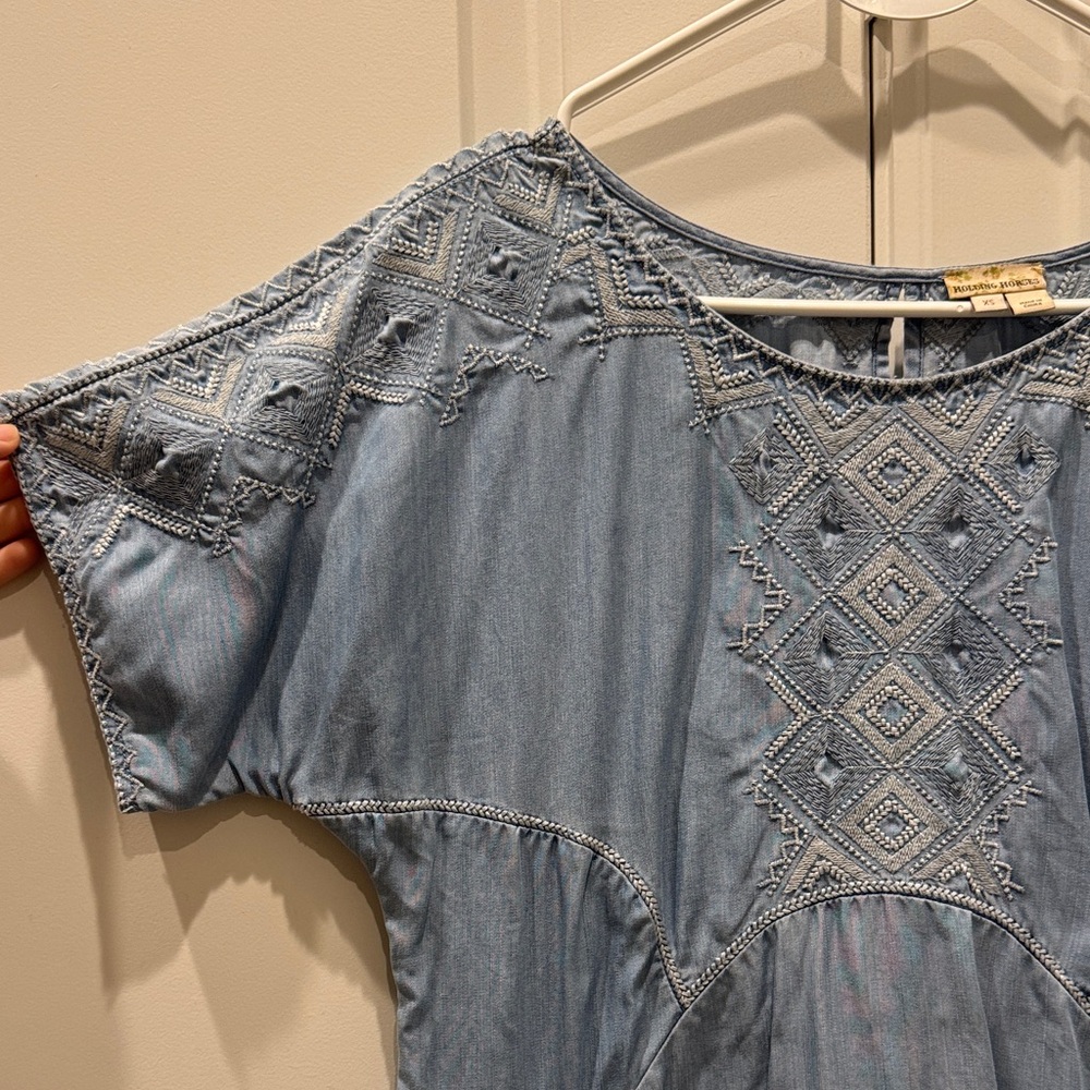 Anthropologie Light Blue Embroidered Mini Dress